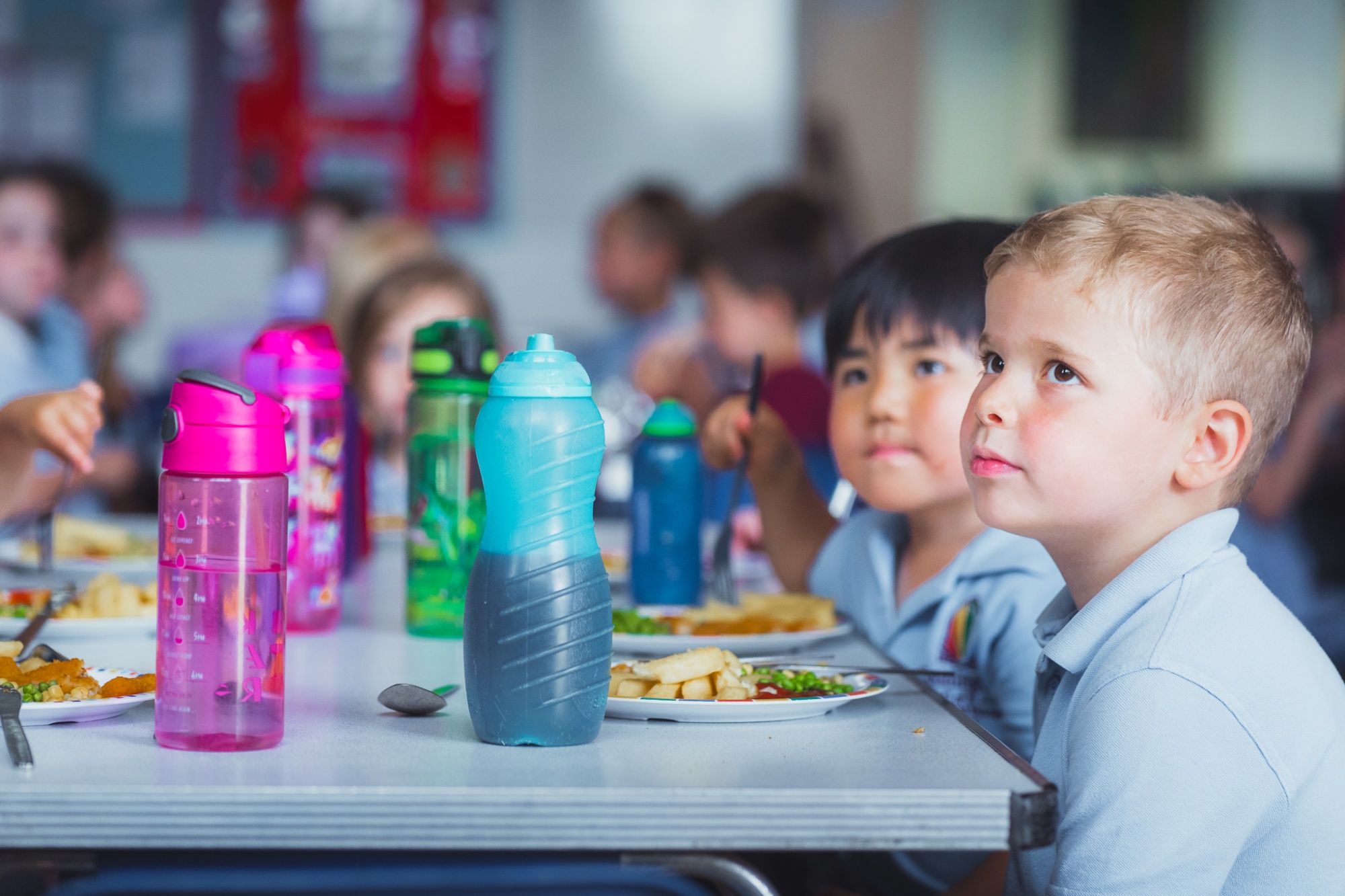 students sat at school dinner table